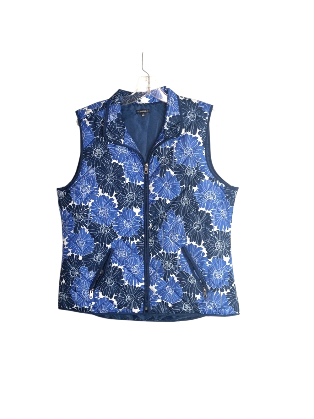 Hannah -Blue Floral Poly Filled Quilted Zip-Up Vest - - Large